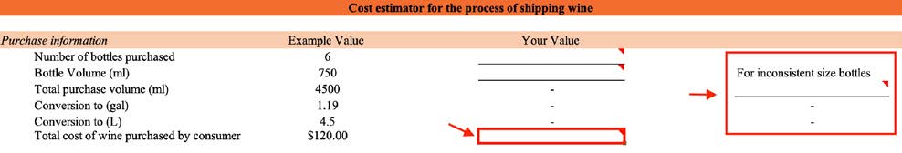Screen shot of Excel section highlighting inconsistent size bottle, and cost of wine cells