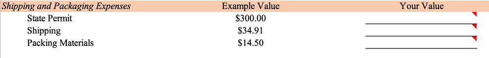 Screen shot of Shipping and Packaging Expenses from Excel