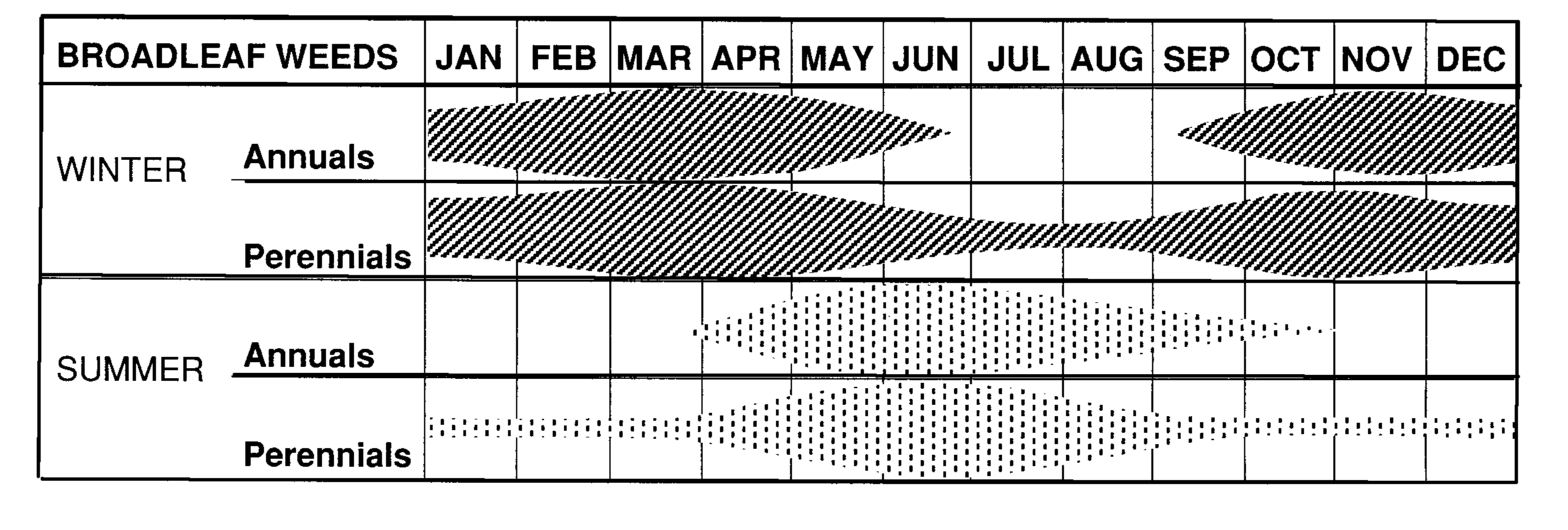 Chart containing data of Broadleaf Weeds from Jan-Dec for winter and summer. Chart containing data of Broadleaf Weeds from Jan-Dec for winter and summer.