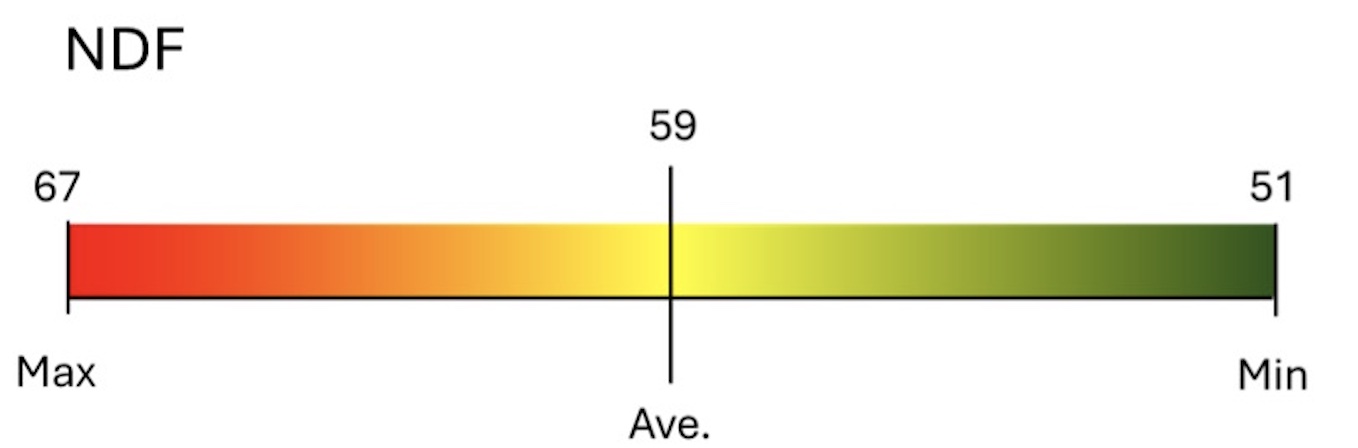 A scale ranging from red to green that indicates the NDF levels with a minimum at 51 and maximum at 67, while the average NDF level is at a 59.