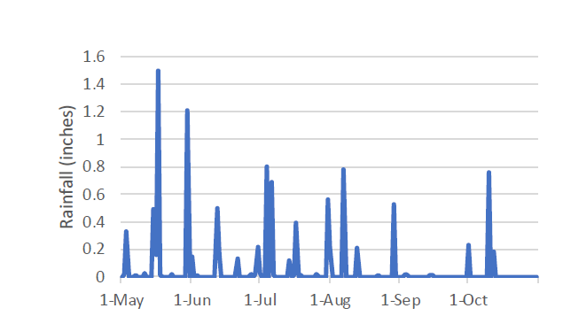 Daily rainfall amounts during growing season recorded at Goodwell Mesonet station. Daily rainfall amounts during growing season recorded at Goodwell Mesonet station.