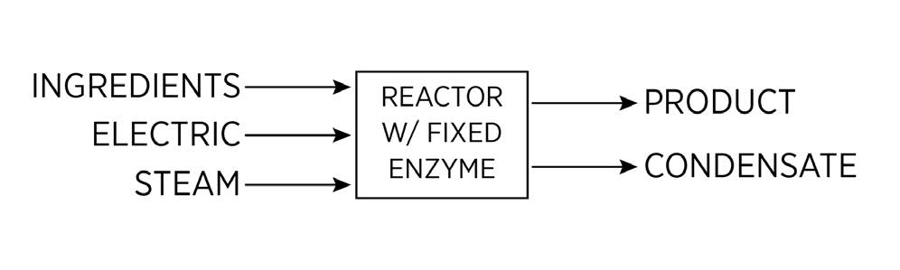 This graph has "Ingredients, Electric and Steam" pointing to "Reactor w/ Fixed Enzyme" and "Reactor" pointing to "Product and Condensate"