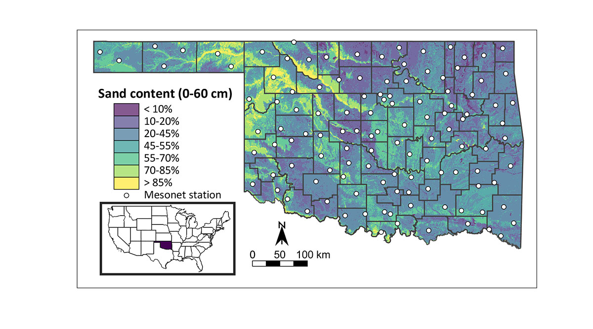 A Oklahoma Mesonet map with lines for each county and different colors shades for Sand content. Purple for <10%, light purple for 10%-20%, blue for 20%-45%, dark green for 45%-55%, green for 55%-70%, light green for 70%-85% and yellow for >85%.