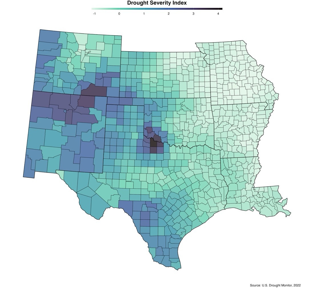 The 8 state region of drought severity index from 2000-2020. Different shades of blue indicate level of drought, to the left, more western states, the blue is darker and lightens as going east.
