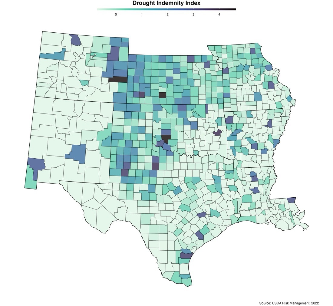 The drought indenity index of Oklahoma and the 8 surrounding states for 2000-2020. The different levels are indicated by different shades of blue and green, where the most shading is in the center of the region.