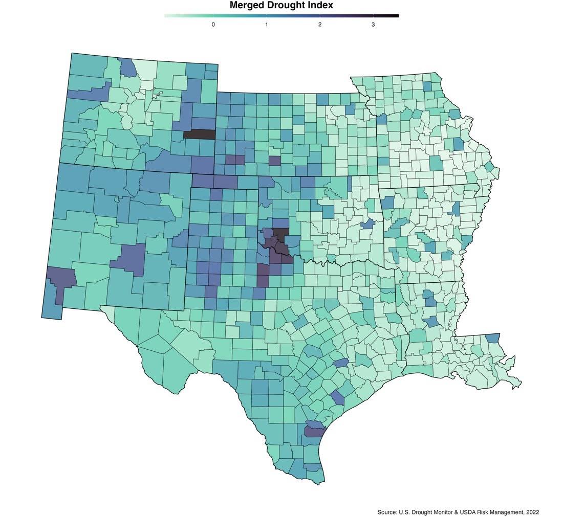 A graph of Oklahoma and the 8 surrounding states in 2000-2020 showing the merged drought index. The region's measurements are indicated by different shades of blue where the deppest points are at the top of the region and to the western points which lighten as you move east.