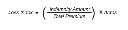 Loss index equals indemnity amount divided by total premium times acres.