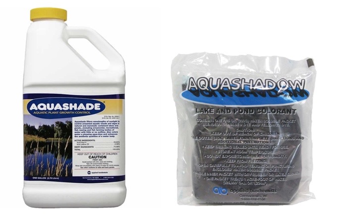 Pond dyes come in both liquid and powder forms. Aquashade in a liquid form in a container and in a powder form in a bag. (Mention of a product name or inclusion of a product image does not constitute endorsement. Failing to do so does not imply anything negative about a product.)