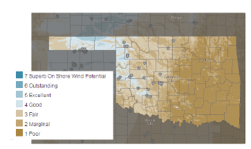 Oklahoma wind potential with locations of industrial wind turbine projects.
