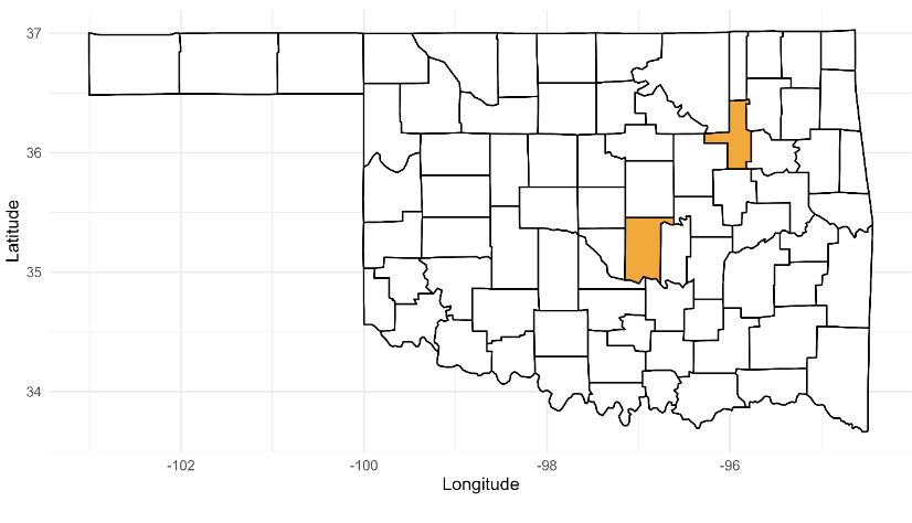 A map of oklahoma depicting the counties and highlighting in orange Tulsa and Pottawatomie counties.