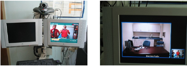 Telepsychiatry equipment examples of an interactive TV and a screen shot of remote psychiatrist office.