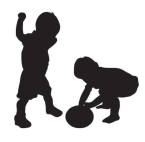 Two infants playing with a ball.