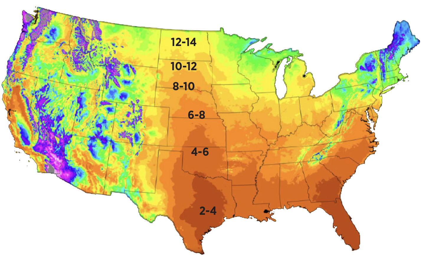 A color-coded map of the United States showing fire frequency intervals, with cooler colors (blues and greens) indicating less frequent fires and warmer colors (yellows to reds) indicating more frequent fires. A highlighted vertical region in the central U.S. displays labeled ranges from 4–6 up to 12–14 years between fires, while a smaller highlighted area in Texas shows a shorter 2–4 year interval.