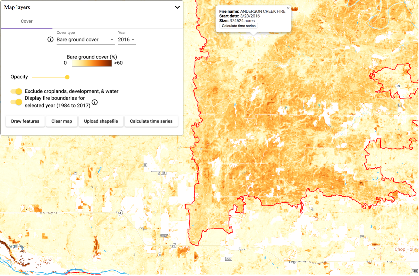This interactive map visualizes Bare ground cover (%) for the year 2016, specifically highlighting the boundary of the Anderson Creek Fire, which burned over 374,524 acres. The heat map uses a light yellow to dark brown gradient to indicate increasing percentages of bare ground, with a control panel on the left for adjusting layers, opacity and data filters.