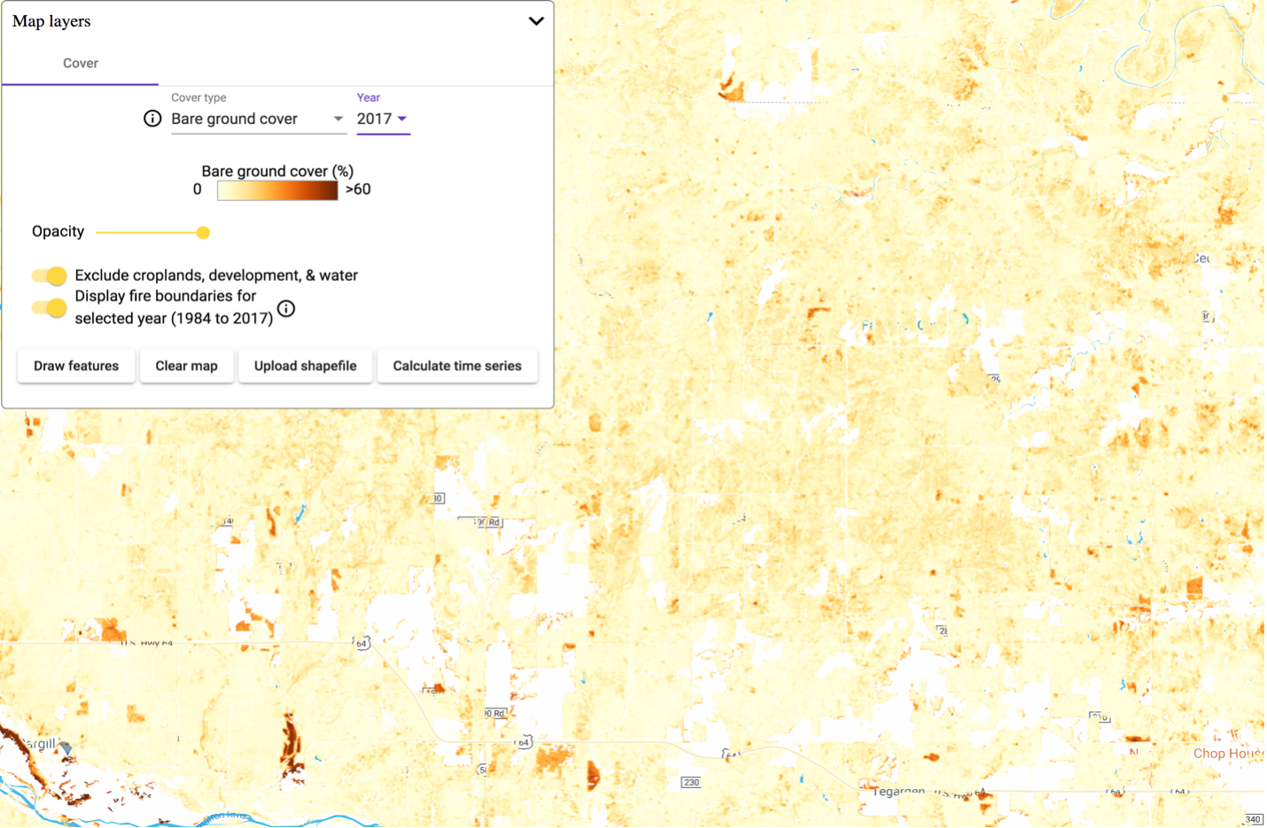 The map displays Bare ground cover (%) for the year 2017, using a yellow-to-brown color gradient to indicate varying levels of soil exposure. A control panel on the left allows for data filtering and adjustments to the map's opacity and layer settings.