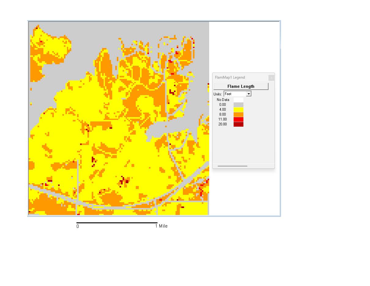 A grey, yellow, orange and slight red FlamMap model by region that shows the flame length across 1 miles with white being no data, grey being 0.00, yellow being 4.00, orange being 8.00, red being 11.00 and dark red being 20.00.