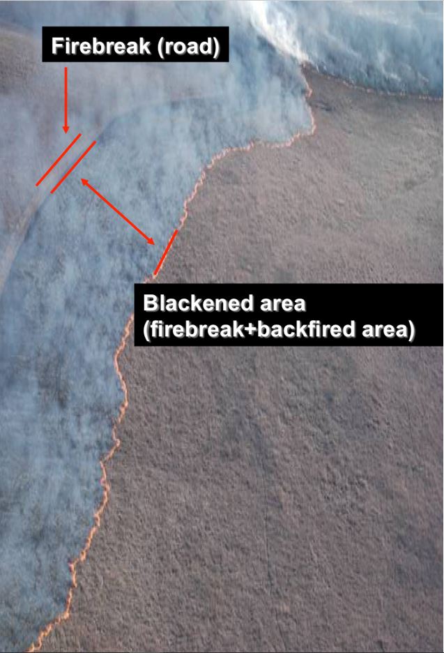 Firebreaks and th eblackened area. Firebreaks and th eblackened area.
