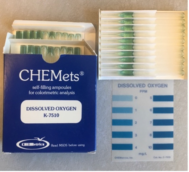 A chemical test kit for dissolved oxygen concentration, can be used after a fish kill event.