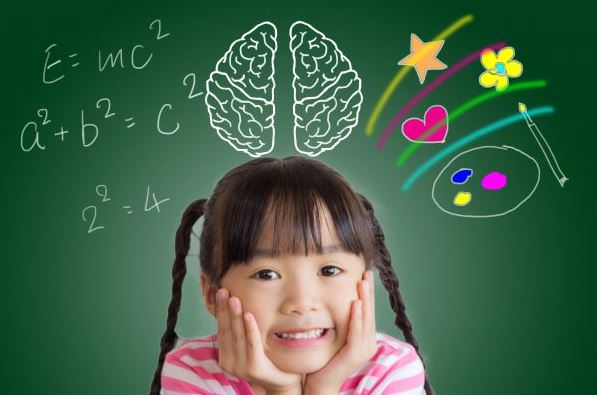 A young girl with a brain graphic and math equations.