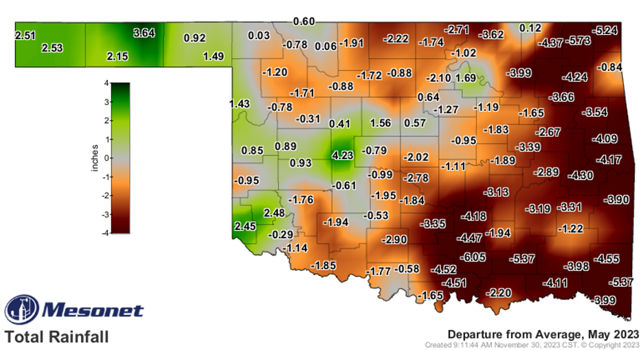 A map of Oklahoma showing each county and the average rainfall of the month of May 2023.