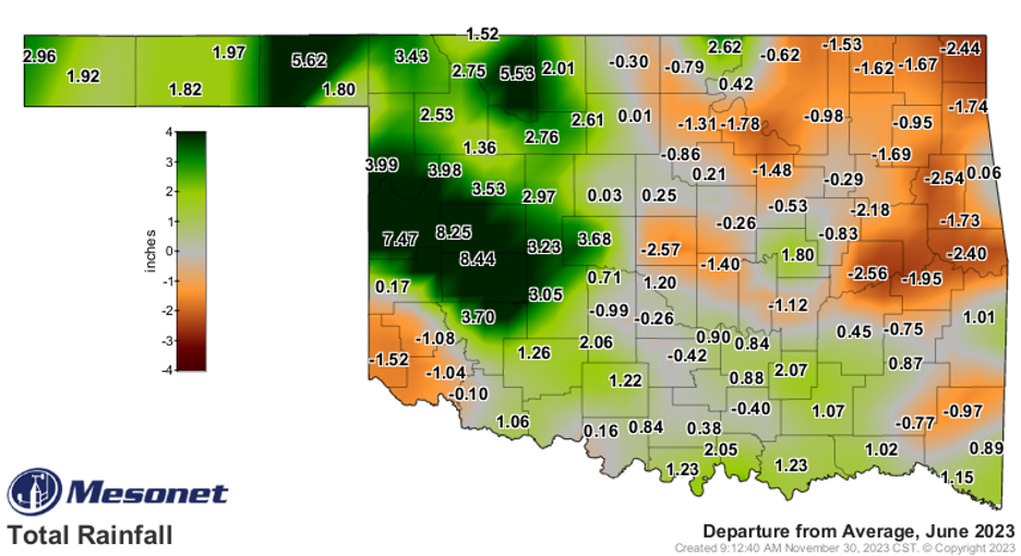 A map of Oklahoma showing each county and the average rainfall of the month of June 2023.