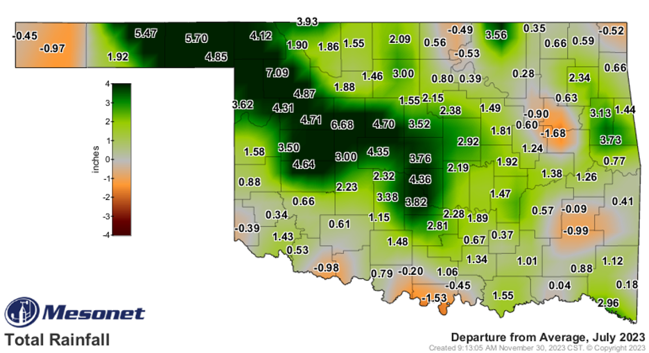A map of Oklahoma showing each county and the average rainfall of the month of July 2023.