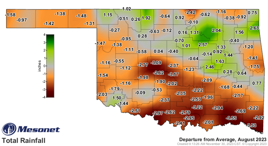 A map of Oklahoma showing each county and the average rainfall of the month of August 2023.
