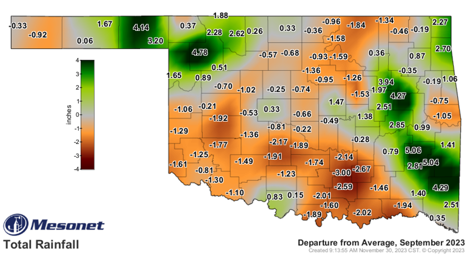 A map of Oklahoma showing each county and the average rainfall of the month of September 2023.