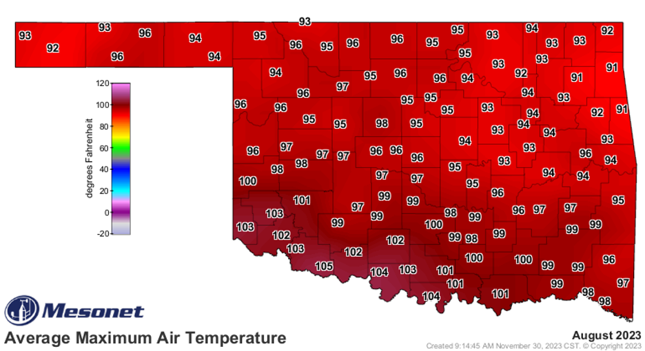 A map of Oklahoma showing each county and the average Air Temperature of the month of August 2023.