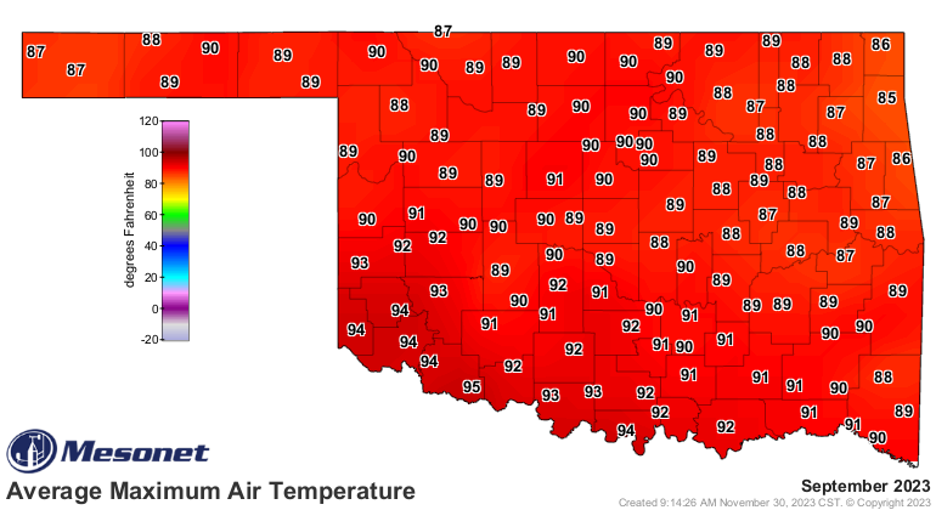 A map of Oklahoma showing each county and the average Air Temperature of the month of September 2023.