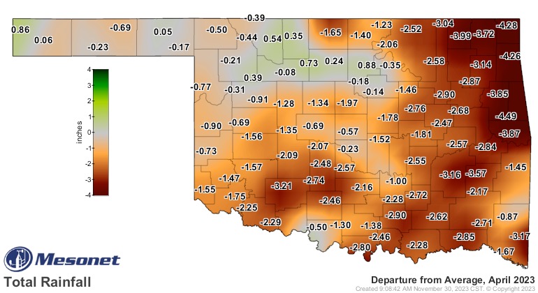 A map of Oklahoma showing each county and the average rainfall of the month of April 2023.