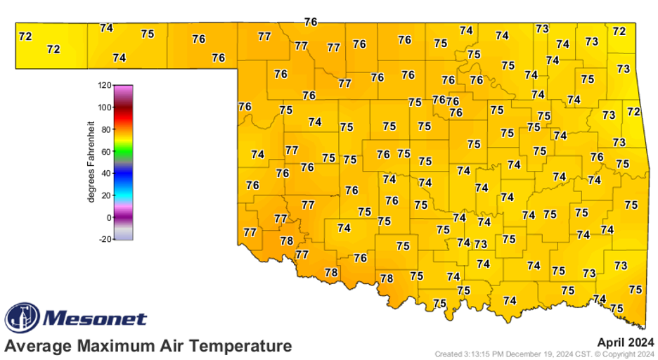 Map of Oklahoma showing the Mesonet Average Maximum Air Temperature, with the state outline and counties marked by grey lines. The entire state is shaded in yellow-orange, indicating that the average air temperature for April 2024 ranged between 70 and 80 degrees.