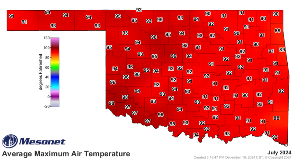 Map of Oklahoma showing the Mesonet Average Maximum Air Temperature, with the state outline and counties marked by grey lines. The entire state is shaded in red and deep-red, indicating that the average air temperature for July 2024 ranged between 88 and 100 degrees.
