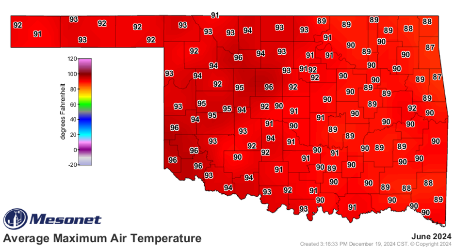 Map of Oklahoma showing the Mesonet Average Maximum Air Temperature, with the state outline and counties marked by grey lines. The entire state is shaded in red and deep-red, indicating that the average air temperature for June 2024 ranged between 85 and 100 degrees.