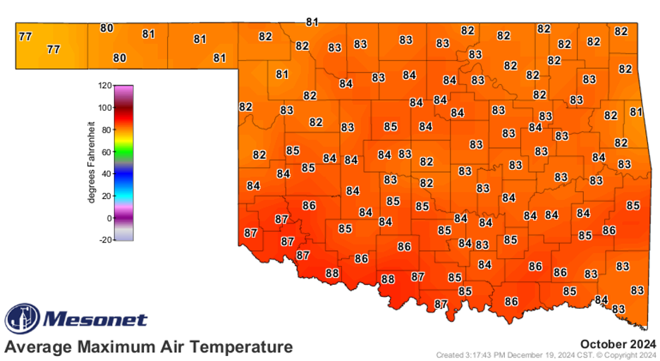 Map of Oklahoma showing the Mesonet Average Maximum Air Temperature, with the state outline and counties marked by grey lines. The entire state is shaded in golden-yellow and orange, indicating that the average air temperature for October 2024 ranged between 75 and 90 degrees.