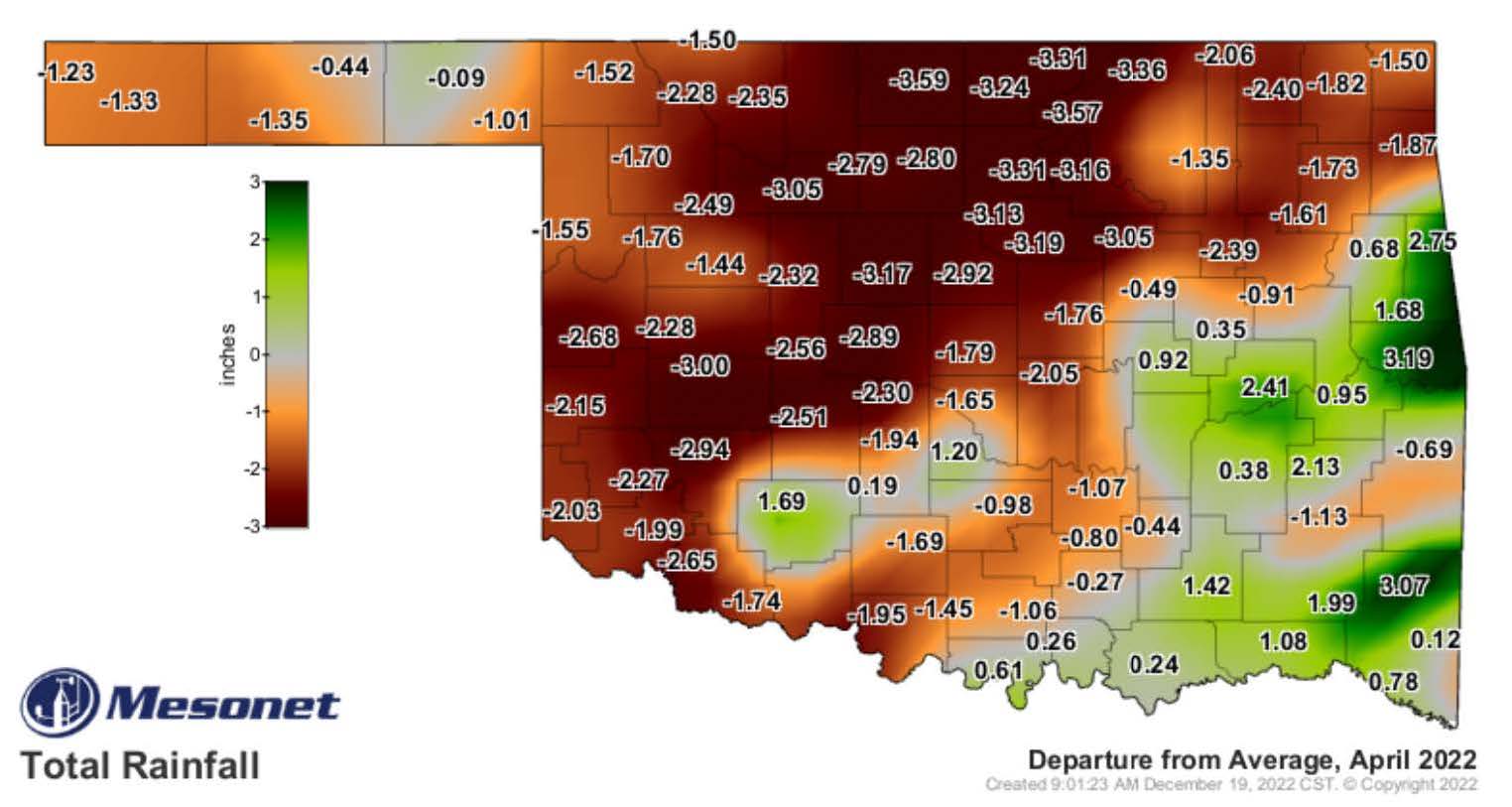 A map of Oklahoma showing the total rainfall across the state for the month of April 2022.