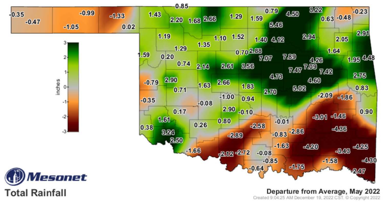 A map of Oklahoma showing the total rainfall across the state for the month of May 2022.