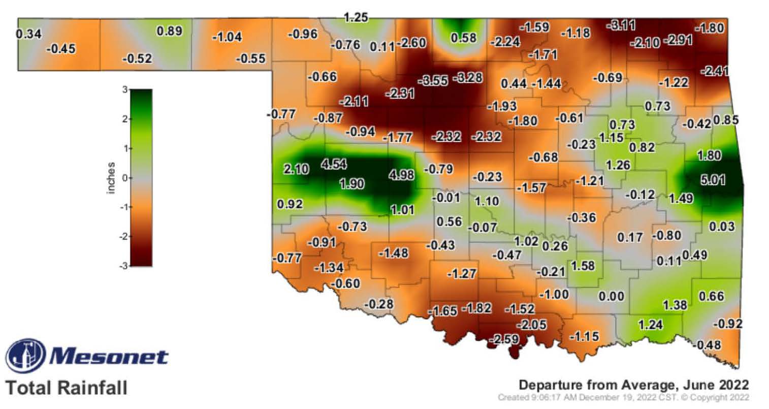 A map of Oklahoma showing the total rainfall across the state for the month of June 2022