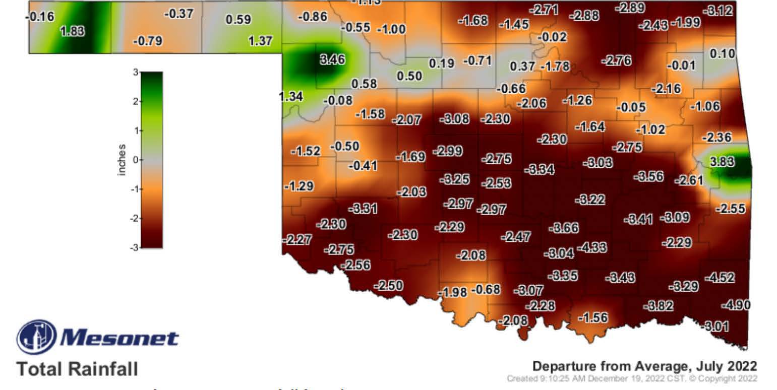 A map of Oklahoma showing the total rainfall across the state for the month of July 2022