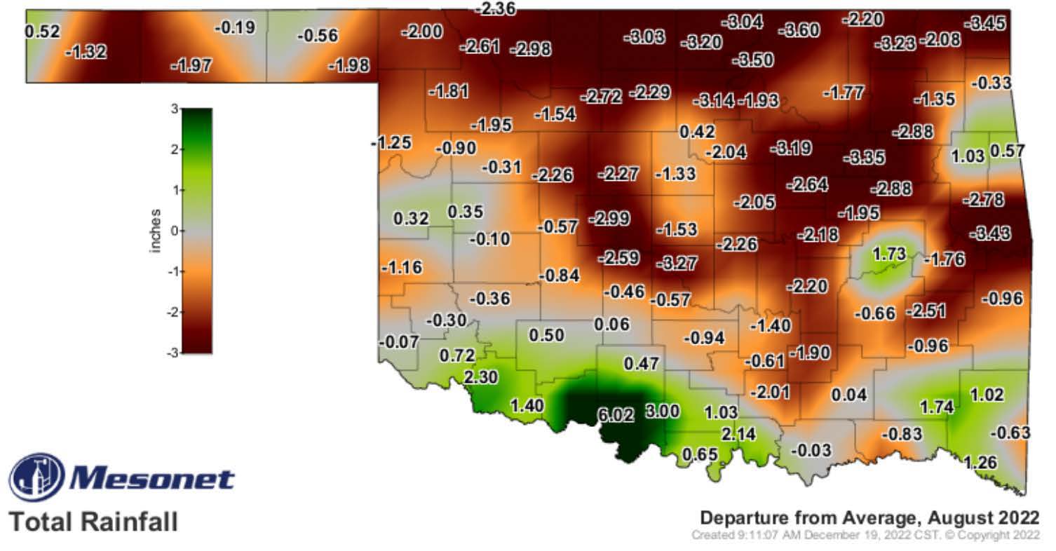 A map of Oklahoma showing the total rainfall across the state for the month of August 2022