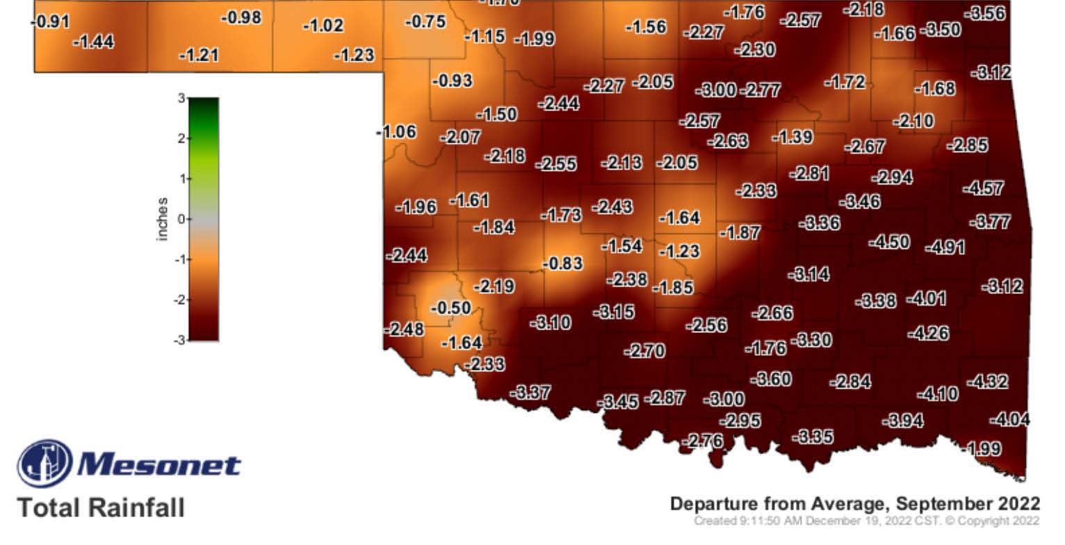 A map of Oklahoma showing the total rainfall across the state for the month of September 2022