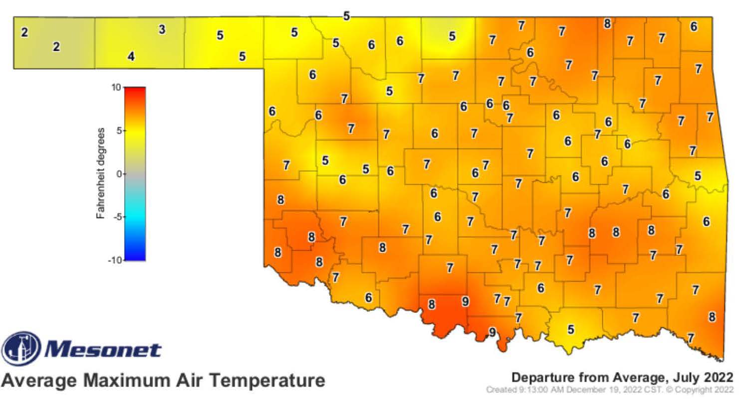 A map of Oklahoma showing the average maximum air teperature across the state for the month of July 2022