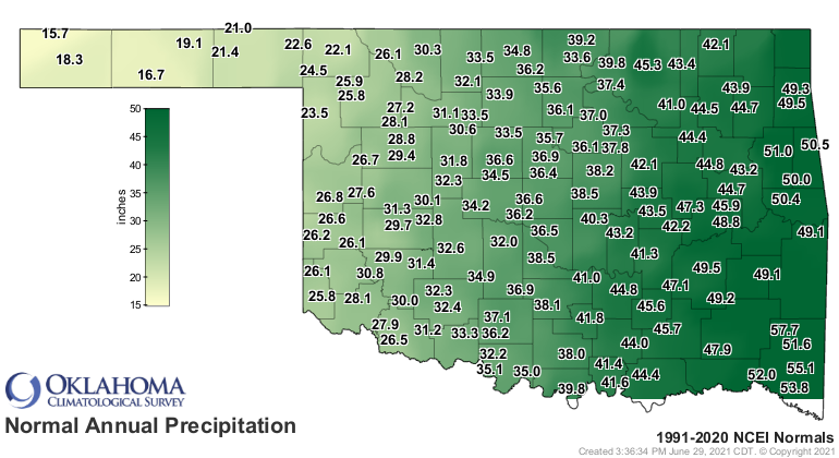 Annual average precipitation for Oklahoma. Western Oklahoma receives on average 17-20”, central Oklahoma 36-38”, and eastern Oklahoma 40-56” of rain.