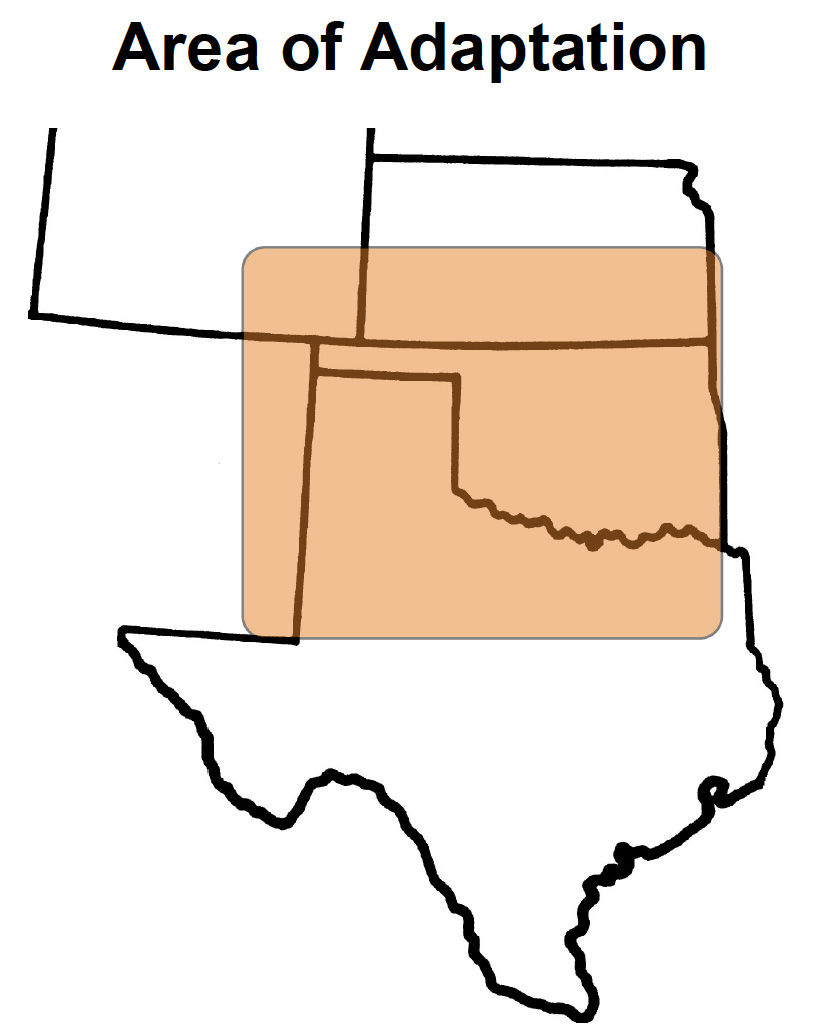 A map highlighting the area of adaptation of Iba Wheat in Oklahoma and the surrounding states.