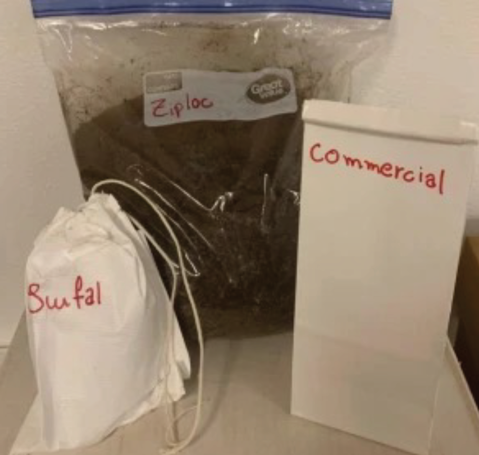 A Ziplock bag, permeable material bag and resin-lined paper commercial bag filled with soil samples next to each other.