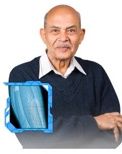 Older man with x-ray of arm muscles in front of him