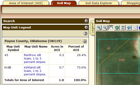 Alternative description The soil mapping form with a search bar and map unit legend.