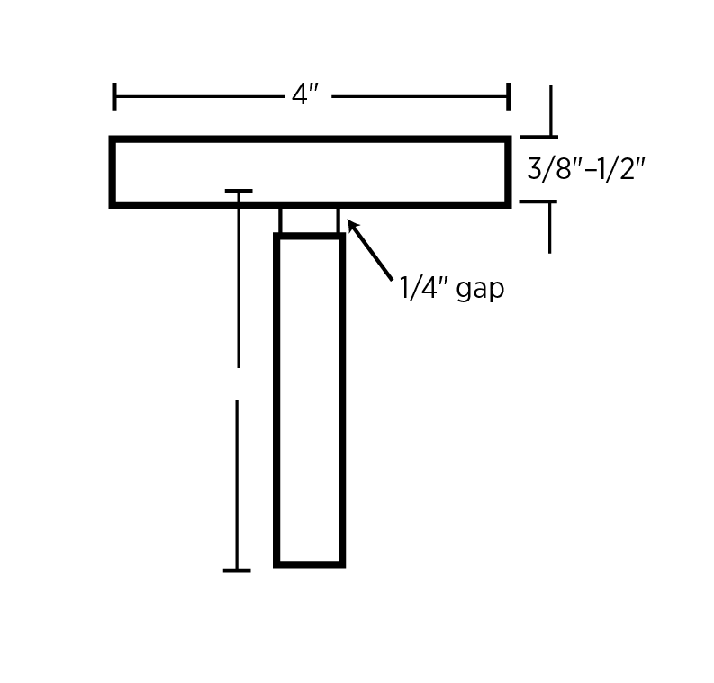 Illustration showing the recommended letter thickness, spacing and dimensions for livestock branding letters. Each letter is 4 inches wide with a stroke thickness of 3/8 to 1/2 inch and 1/4 inch spacing between letter elements.