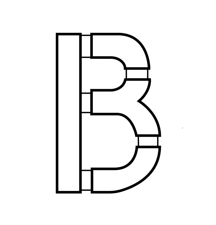 An illustration of the letter B with five gaps to allow heat to escape for a branding iron.