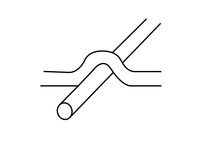 An illustration of a round iron rod crossing over another round iron bar, demonstrating their intersection.